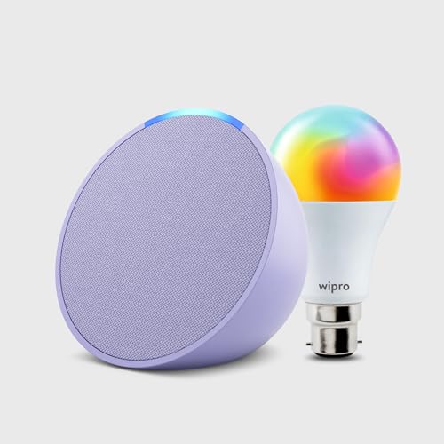Image of Amazon Echo Pop (Purple) Smart Home Speaker Combo with Wipro 12W Simple Setup Smart Bulb | with Bluetooth and Alexa
