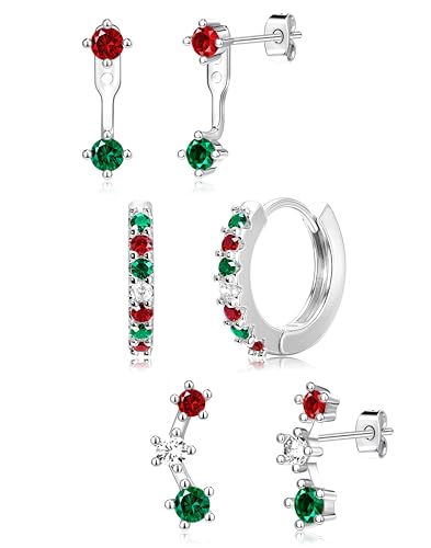 Poxtex Christmas Earrings for Women Silver Red Green Stud Hoop Jacket Festive Holiday Earring Set for Christmas Jewelry Gifts
