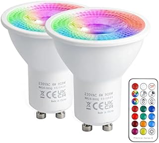 VARICART GU10 Colour Changing LED Bulbs, 6W Dimmable Spot Light Bullb, 12 Colour RGB + Cool White 6000K, 5 Modes, Built-in Memory with Remote, 35W~50W Equiv. for Everyday & Mood Lighting (Pack of 2)