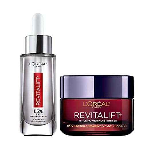 L'Oreal Paris Hyaluronic Acid Serum For Face with Vitamin C and Triple Power Face Moisturizer Revitalift Anti-Aging Skin Care Regimen Kit, Paraben and Fragrance Free, 2 count