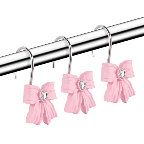 Shower Curtain Hooks, Pink 12 Pack for Bathroom Decor | Decorative Bowknot Design, Rustproof Metal Alloy, Resin Accents, Fits 0.8-1.1 Inch Rods, Heavy Duty, Easy Glide Rings - image 3