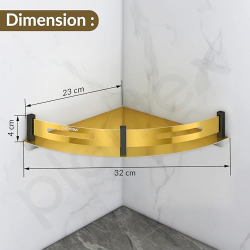 Image of Plantex Corner Shelf for Bathroom Wall Mount /Stainless Steel Bathroom Corner Shelf with Railings /Bathroom Accessories Holder for Wall (9x9 inches, PVD Gold & Black)