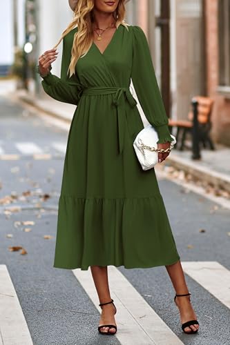 Image of PRETTYGARDEN Women's Floral Boho Dress Fall Long Sleeve Wrap V Neck Ruffle Flowy Maxi Spring Wedding Guest Vacation Dresses