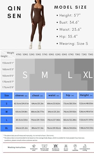 Qinsen Women'S Long Sleeve Sexy Square Neck Jumpsuit Bodycon Stretch Fall Outfits Brown S thumb #6