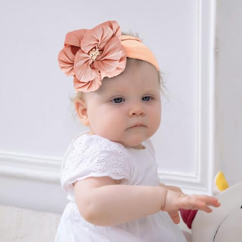 Baby Girl Nylon Flower Headbands, 5 Pack Soft Elastic Hair Bows, Assorted Colors (Samlon Pink, Standard Small)3