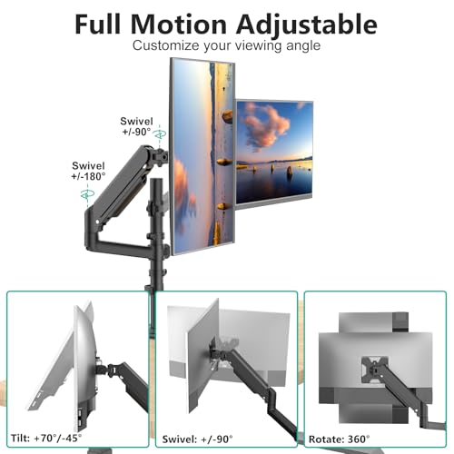 Image of WALI Dual Monitor Mount, 13-32 Inch Adjustable Spring Dual Arm for Desk Holds Max 19.8 lbs Screens, Swivel Vesa Bracket with C Clamp, Grommet Mounting, Arms for 2 Monitors (GSDM002)