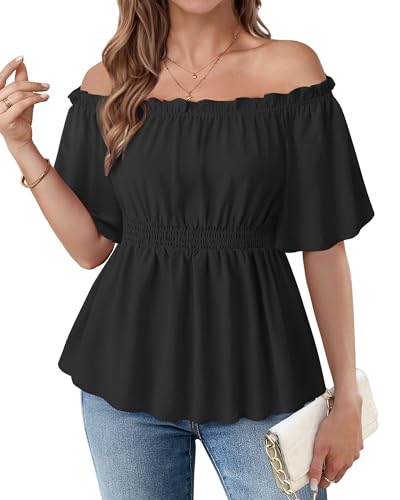 Bebonnie Women's Summer Off The Shoulder Short Sleeve Chiffon Blouse Ruffle Hem Tops3
