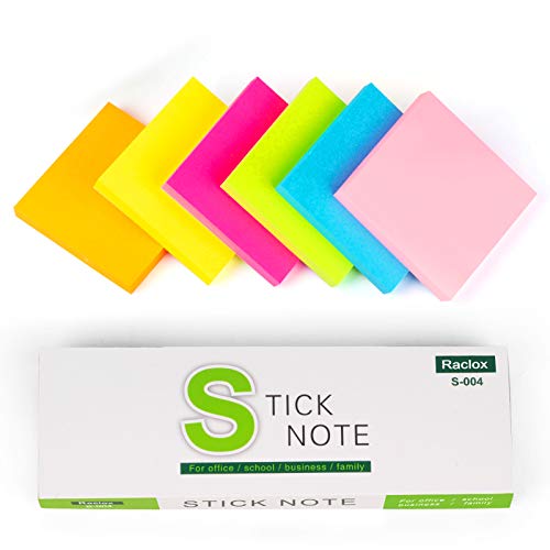 Raclox Sticky Notes Strong Self-Stick Notes Memo Post-its 6 Bright Colors,600 Sheets List Notepads Scratch Writing Note Pads Re-Stick Notes for School Home Office - Pack of 6