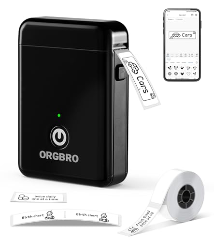 ORGBRO X1 Etiquetadoras, Impresora Térmica de Etiquetas Autoadhesivas Portátil Bluetooth Mini Label Maker Compatible con iOS/Android para Hogar y Oficina - Incluye 1 Rollo de Etiquetas (Negro)