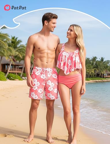 Image of PATPAT Family Matching Swimsuits Two Piece Hawaiian Tropical Beach Bikini and Swim Trunks Set Mommy and Me Bathing Suits