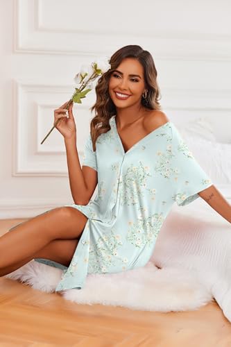 Image of Ekouaer 3 Pack Women's Nightshirt Button Down Nightgown Short Sleeve Sleepshirt V Neck Pajama Dress with Pockets