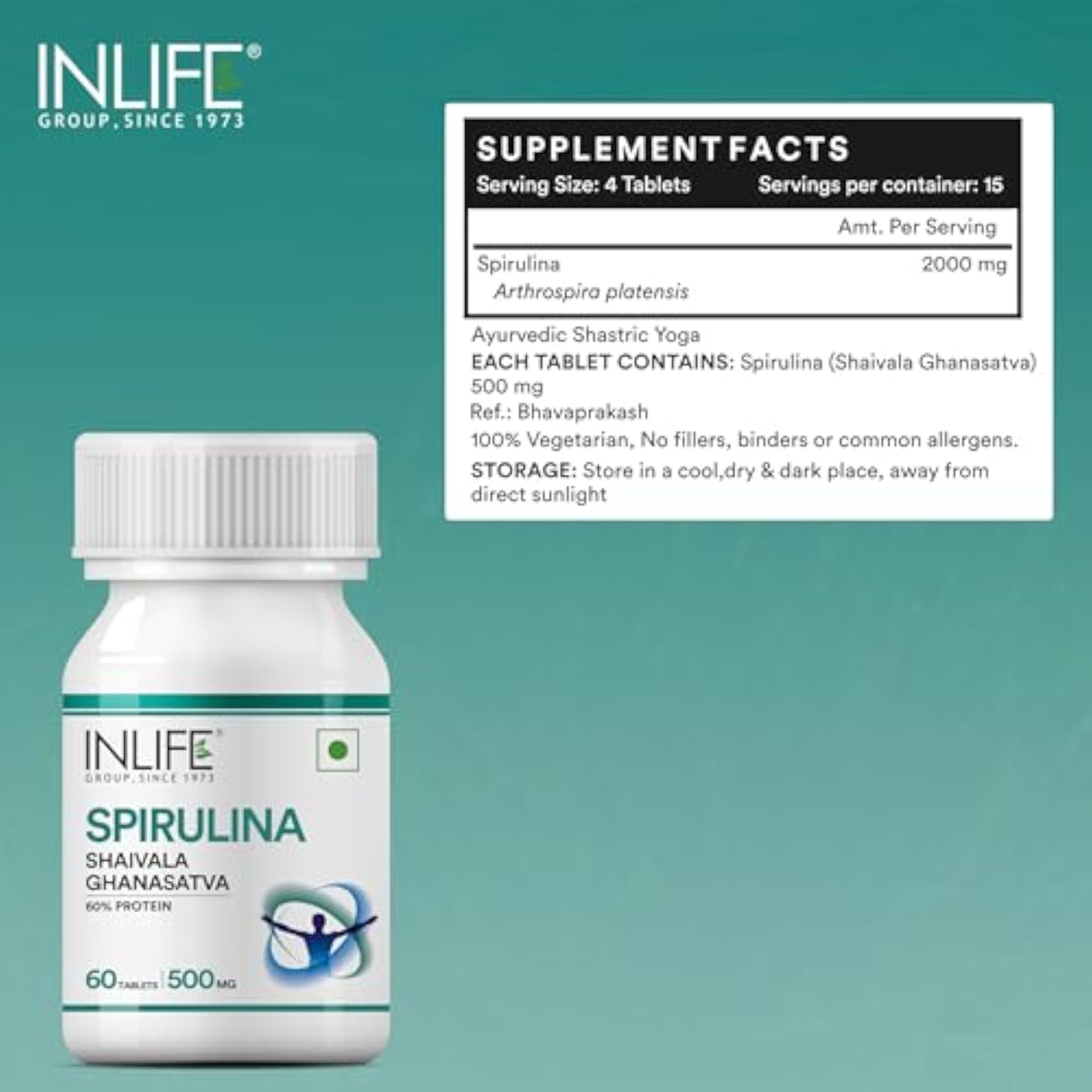 INLIFE Spirulina Tablets, 500 mg - 60 Tablets
