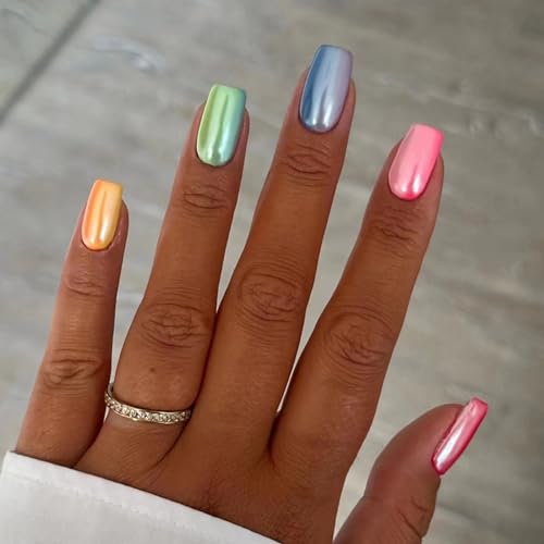 BABALAL Medium Press on Nails Square Fake Nails Colorful Aurora Glue ons Nails 24Pcs Rainbow Design Full Cover Acrylic Nails Squoval False Nails