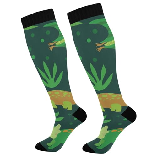 ODAWA Calcetines largos de compresión con diseño de estrella de mar, color azul, para yoga y adultos, Lindos dinosaurios verdes, talla única