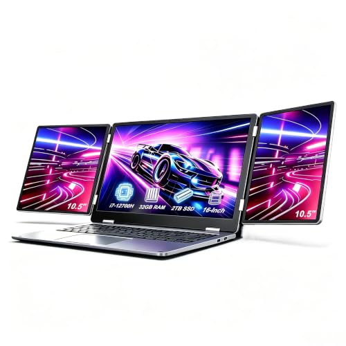 KOOFORWAY Triple Screen Laptop, 16' Main + Dual 10.5' Monitors, Core i7-12700H, 32GB RAM, 2TB SSD, Win 11 Pro, Wi-Fi 5, BT 5.0, Face & Fingerprint Unlock, USB-C, HDMI