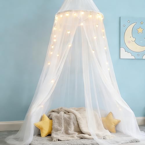 Image of Princess White Bed Canopy with Lights for Girls Bed Net,Princess Canopy for Kids Bed Room Decor (White+Lights)