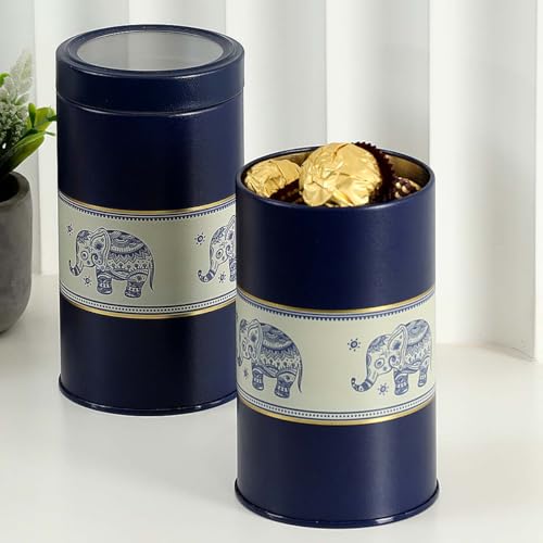 Image of Mandala Collection Airtight Kitchen Container Set| 850ML- Set of 2| Food Grade Metal Jars for Cereals, Cookies, Dals & Dry Food| Vacuum Lid, Rust Resistant| Blue Elephant Canisters
