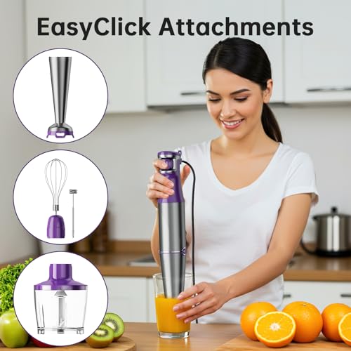 Image of Turelar Immersion Blender Handheld Corded Hand Blenders Set 1100W, Trigger Variable Speed 5 in 1 Stick Emulsifier with Chopper, Whisk and Frother for Soup, Baby Food and Smoothies, Purple