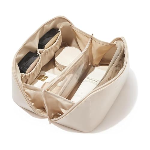 HOSICRON Travel Makeup Bag,Large Capacity Cosmetic Bags for Women,Waterproof Portable Pouch Open Flat Toiletry Bag Make up Organizer with Divider and Handle (White)