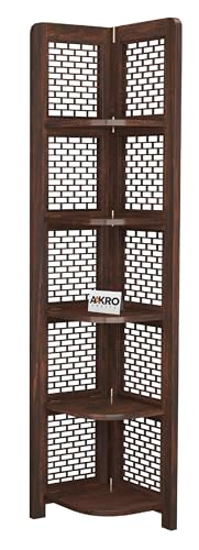 Image of Sheesham Wood Brick Corner Shelf for Living Room Bedroom Home | CNC 5 Tier Corner Bookshelf | Wooden Ladder Bookcase Display Unit (Walnut Finish)