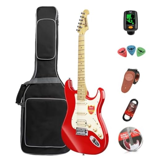 Bullfighter Kit de guitarra eléctrica para principiantes de 39 pulgadas, tamaño completo, bolsa, correa, cuerda, afinador, cable y púas (rojo)