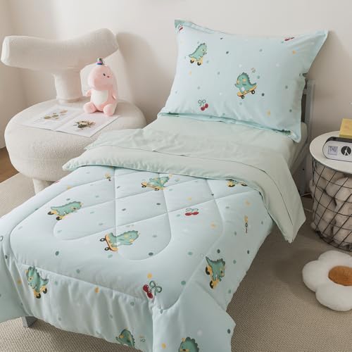 Image of Caressma 5 Pieces Twin Size Comforter Set Bed-in-a-Bag For baby & Kids,Soft Comforter Print Lovely Green Dinosaurs.Includes Comforter,Fitted Sheet,Flat Sheet,Pillow Case & Pillow Shame For All Seasons