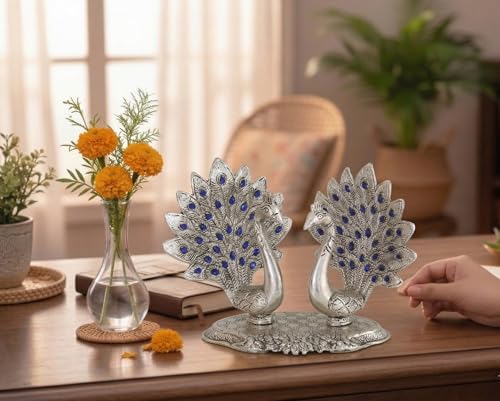 Image of KridayKraft Double Peacock Metal Statue, Lovers Peacock Couple, Animal Showpiece Figurines, Feng Shui as Table Top Figurine for Living Room, Office, Bedroom, Decorative (Silver)