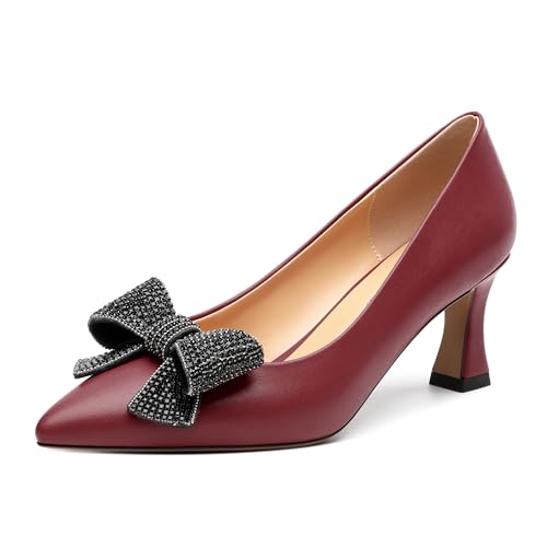 Image of Heels for Women Closed Patent Pointed Toe Bow Pumps Slip on Kitten Low Heels Wedding Party Dress Office Shoes 2.5Inch