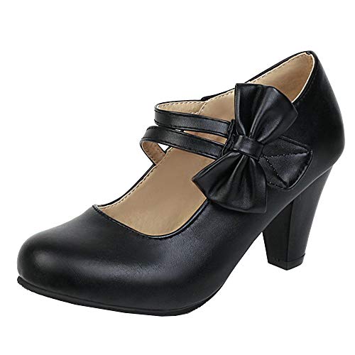LUXMAX Women Two Strap Pumps High Block Heel Mary Jane with Bow Tie