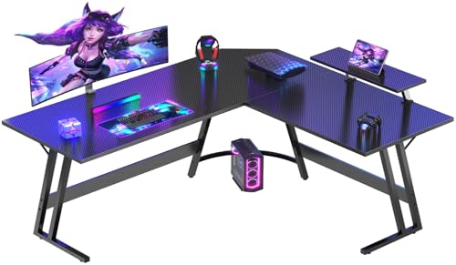 Devoko Gaming Tisch L Form mit Monitorständer, Eckschreibtisch für Gamer, Gaming Schreibtisch L Form, Groß Pc Computertisch, 150 x 130 cm, Kohlefaser Schwarz