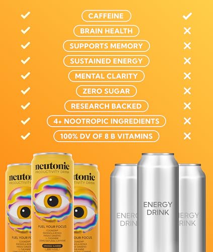 Neutonic Nootropic Productivity Energy Drink | Orange Sunrise 12 Cans | 120mg Natural Caffeine, Zero Sugar | Support Memory, Mental Clarity, Cognitive Function | Boost Focus, Energy, Brain Health