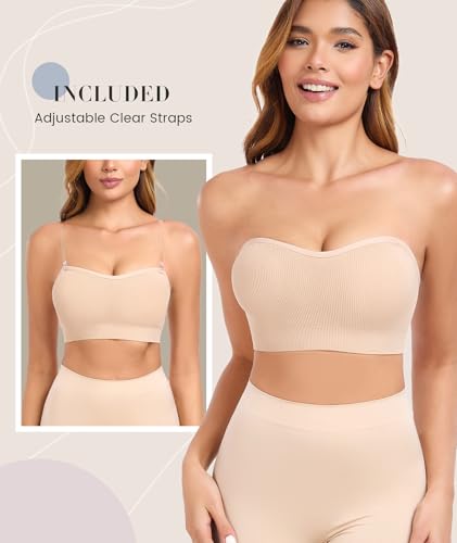 Strapless Bras for Women Non-Slip Padded Bandeau Bra Wireless Tube Top Bra Including Clear Straps2