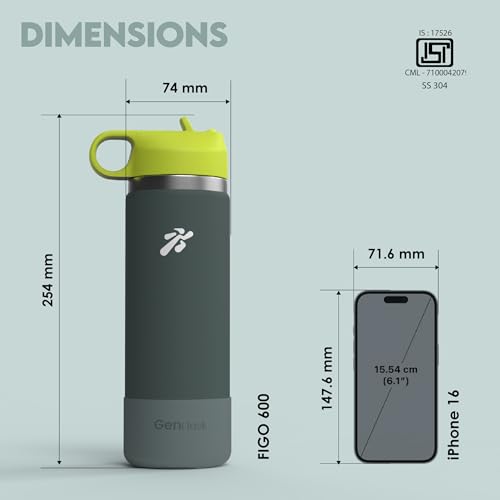 Image of VBOTT GENFLASK-FIGO - 600 ml |Thermosteel Flask with Straw Sipper with Finger Loop| SS 304 Water Bottle|Hot /Cold-18 /24 hrs|Insulated Bottles| Military Green /Bright Green Colour| Multipurpose