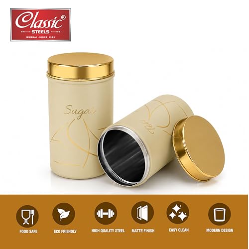 Image of Classic Steels Premium Long Tea & Sugar Canister Set (850ml) (Cream) | Airtight Kitchen Canisters Stainless Steel Storage Jars with Gold Lid & Label | Matte Finish Kitchen Storage Container Set