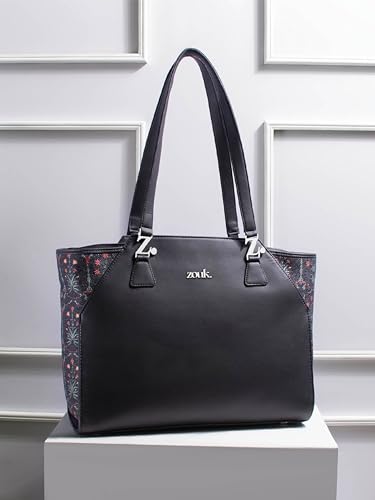 Image of ZOUK Printed Jute Handcrafted Vegan Leather Black Women's Check-point Friendly Classic Business Bag