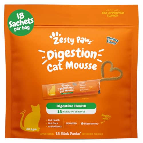 Zesty Paws Cat Mousse Squeezable Cat Supplements for Digestion - with Seaweed Omega Fatty Acids Antioxidants - Support for Digestive Health Cats - Chicken Flavor - 18 Count