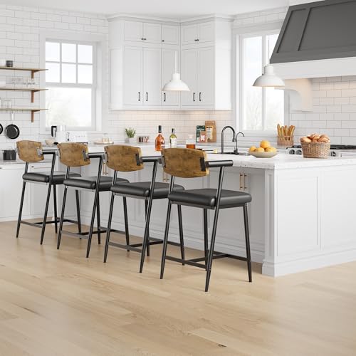 Image of GarveeHome Bar Stools Set of 8 with Arms, 26 inch Modern 8pcs Counter Height Metal Barstools Set with Wood Back & Footrest, Wider Seat, Sturdy Frame, for Counter Bar, Kitchen Island, Retro Brown