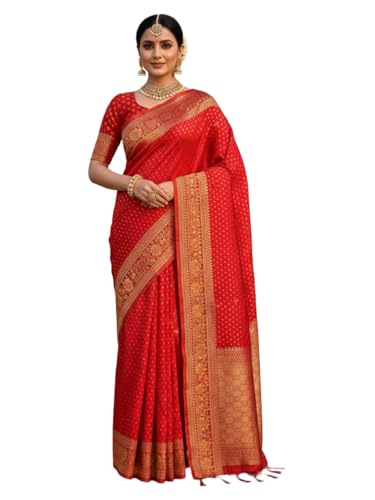 Image of Kanjivaram Silk Saree for Women - Handloom Floral Weaving, Contrast Border, Heavy Gold Zari Rich Pallu, Traditional Designer Wedding & Festive Saree with Blouse Piece