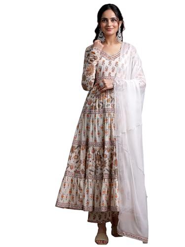 Image of Libas Women Cotton Off White Printed A Line Kurta With Palazzos Dupatta | daily wear suit