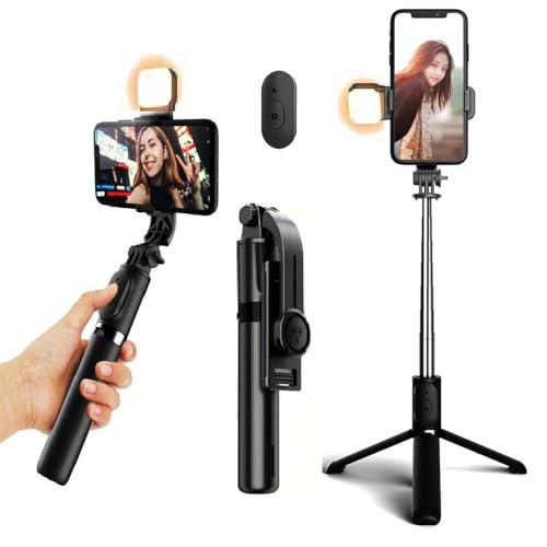 Image of Selfie Stick Tripod, 100CM Length with Light, 3 in 1 Multifunctional Design, Rechargable LED Light with Two Brighness Levels for Make up, Selfie & Photo Shoot with Bluetooth Remote