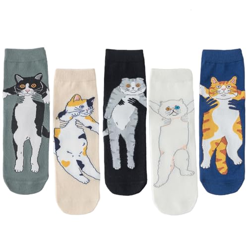 Image of 5 Pairs Cute Animal Crew Socks Fun Casual Cotton Calf Socks for Women (US, Alpha, One Size, Regular, Regular, Cartoon Cat)