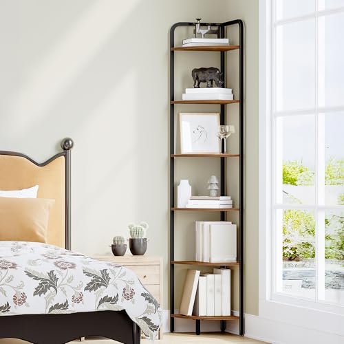 Corner Shelf Stand, Corner Bookshelf Bookcase, Plant Shelf, Corner Display Rack, Standing Shelf with Metal Frame for Living Room, Bathroom, Kitchen, Modern Style, 6 Tier Rustic Brown CS06601B