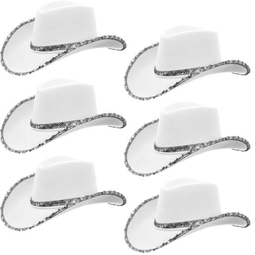 ASMIZ Lot de 6 Chapeaux de Cowgirl Blancs avec Bord Pailleté – Chapeaux de Cowboy Femme Western – Accessoire Déguisement Soirée Enterrement Vie de Jeune...