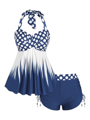 Rosegal Womens Plus Size Polka Dot Halter Twist Cinched Ruched Boyshorts Tankini Swimwear