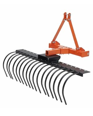 Heavy Duty 50" 3-Point Landscape Rock Rake for Category-0 & 1 Tractors – 360° Rotating, Replaceable Spring Steel Tines, Quick Mount Attachment for Soil Preparation & Brush Clearing – Orange Tripod