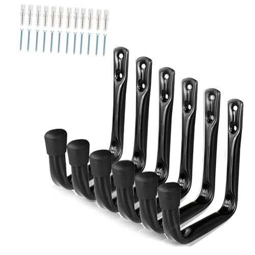 Ganchos de pared de alta capacidad para bicicleta, paquete de 6 unidades, almacenamiento de garaje de acero resistente para herramientas de jardín pesadas, prácticos ganchos de pared para bicicletas y