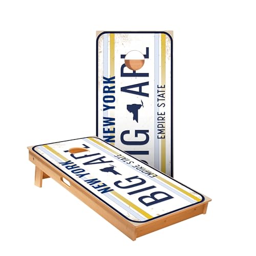 Skip's Garage New York License Plate Cornhole Boards - Includes (2) Boards (Resin Bags) + (1) Carry Case, (2) Hole Lights & (2) Edge Lights