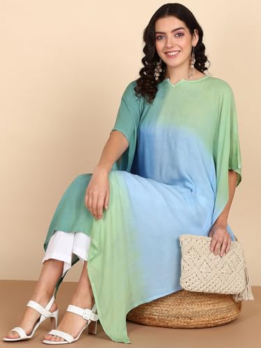 Image of Maaesa Women Handcrafted Tie & Dye Rayon Crepe Kaftan Dress | Casual Wear | Flowy Kaftan Style | Lightweight & Breathable Fabric