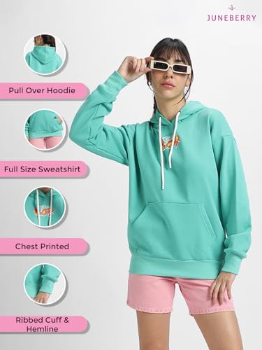 Image of JUNEBERRY Cotton Poly Fleece Oversized Fit Black, Green, Magenta, Mustard, Orange, Purple, Blue, Off White & Grey Graphic Printed Full Sleeve Hoodie for Women