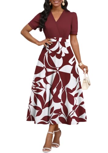 Image of MarryUP Women's Midi Dresses - V Neck Cocktail & Church Tea Dresses - Short Sleeve A-Line Swing Dress